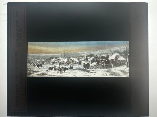 Vintage Hand-Tinted Lantern Slide Photo: Arrival of a Stage Coach in Winter,