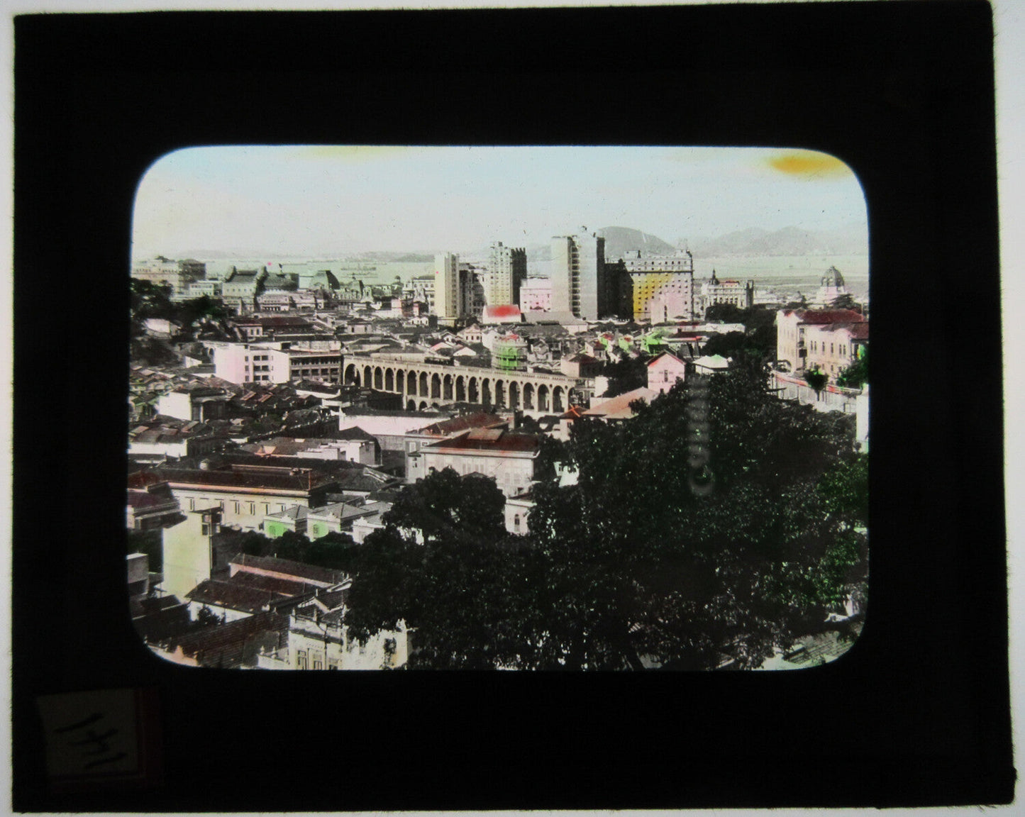 Vintage Skyline Lantern Slide - Tinted Photo, Original 3.25x3.5 in, Good Condition, Magic Lantern Slide