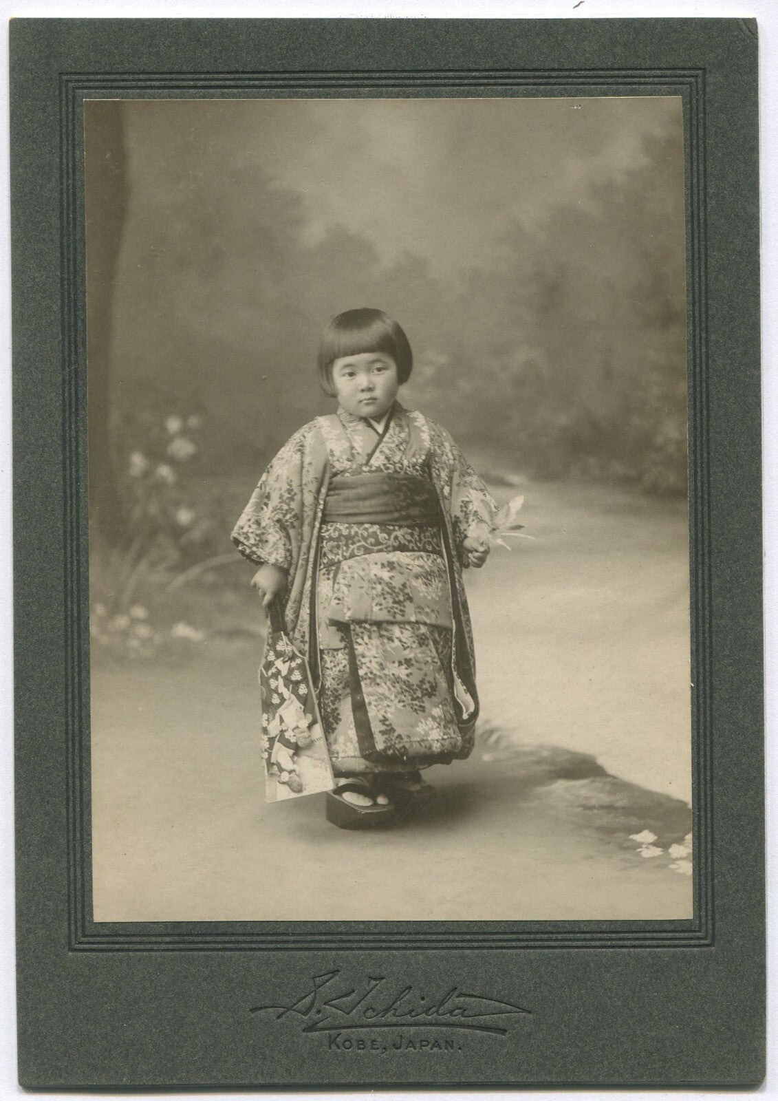 Vintage Japanese girl in traditional kimono, early 1900s photo, ID on back,