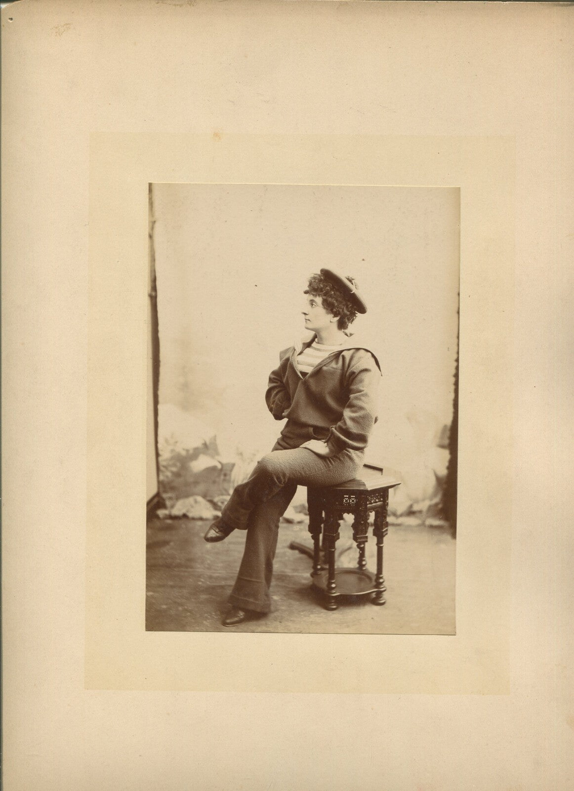 Vintage Actress Photo in Sailor Suit - Albumen Print, 6.5x4.5 on 12x9.5 Card, Cabinet Card Collectible