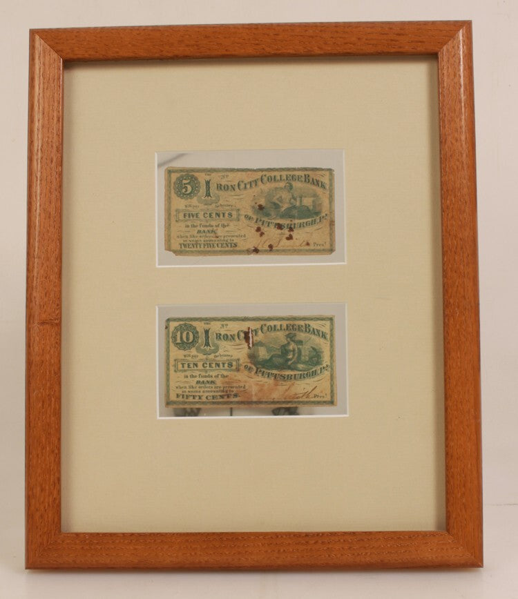 VINTAGE CURRENCY, PITTSBURGH PA IRON CITY COLLEGE BANK, 5 AND 10 CENTS - FRAMED