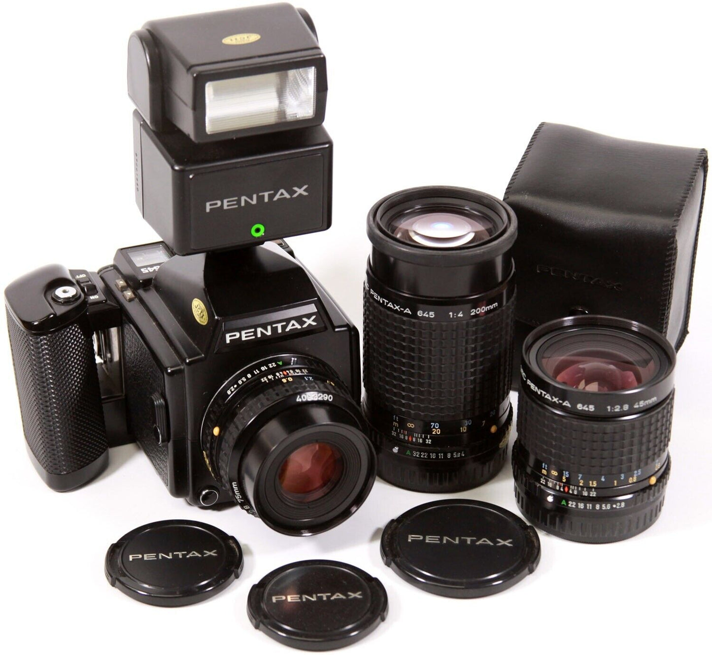 Pentax 645 Medium Format Camera w/ 75mm 2.8, 45mm 2.8, 200mm f4 Lenses & Flash