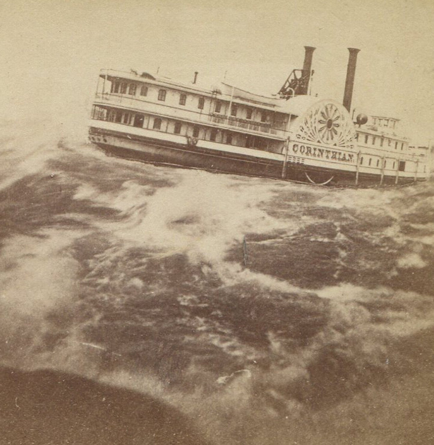 STEAMBOAT ON ROUGH SEA. EARLY DARKROOM MAGIC. STEREOVIEW.