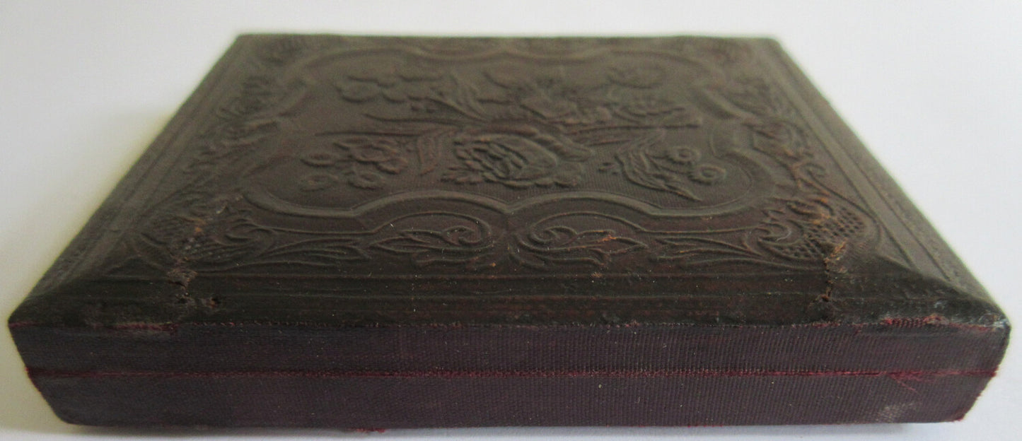 MAN, PIERCING EYES, PAINTED BACKGROUND. 6TH PLATE DAGUERREOTYPE, FULL CASE.