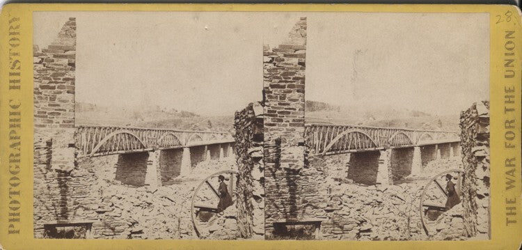Vintage Civil War era stereoview: Young man watching Chain Bridge photo