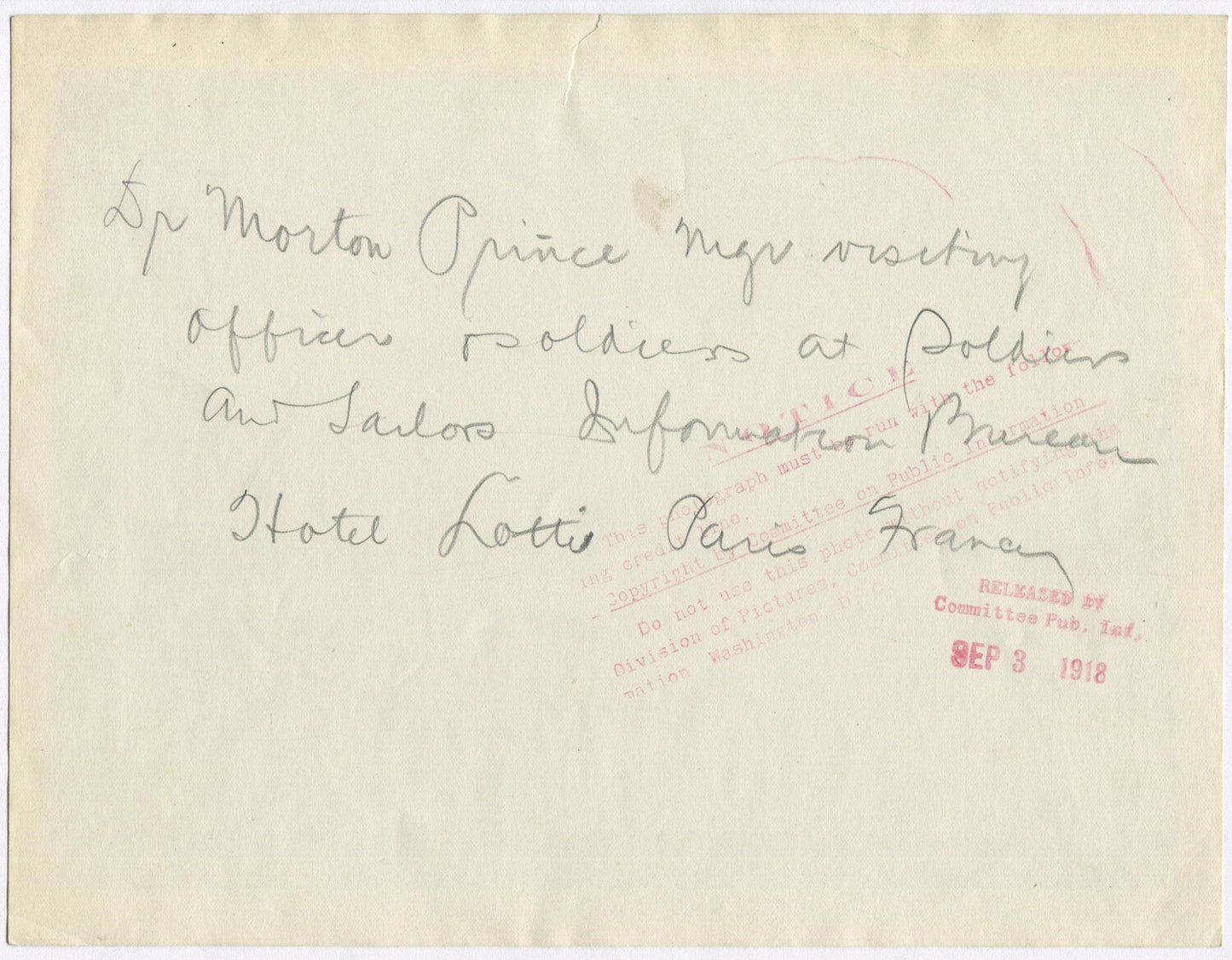 U.S. SOLDIER/SAILOR INFORMATION BUREAU. PARIS,HOTEL. 1918. 6.5X8.5 B&W.