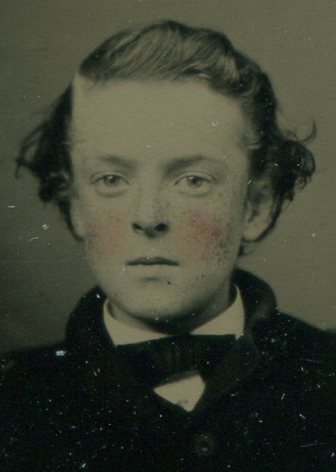 BOY, FROZEN IN TIME, SEEKS THE FUTURE. TINTED TINTYPE, PERIOD PAPER MAT.