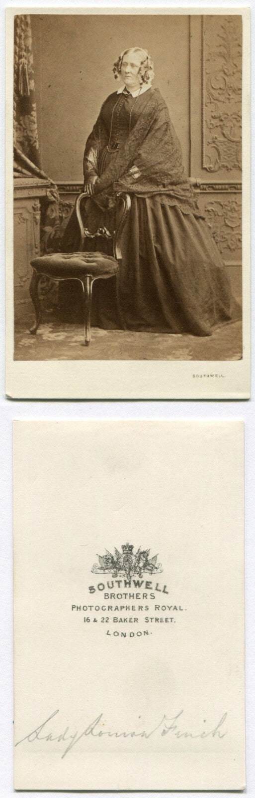 LADY LOUISE FINCH. WOMAN, STANDING POSE, GLOVES, LACE SHAW. CDV. LONDON.