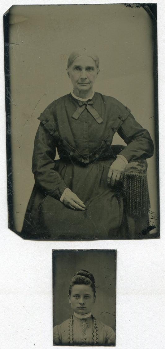 Vintage Tintype Photo - Tinted Older Gray-Haired Woman in Bow Tie, Original,