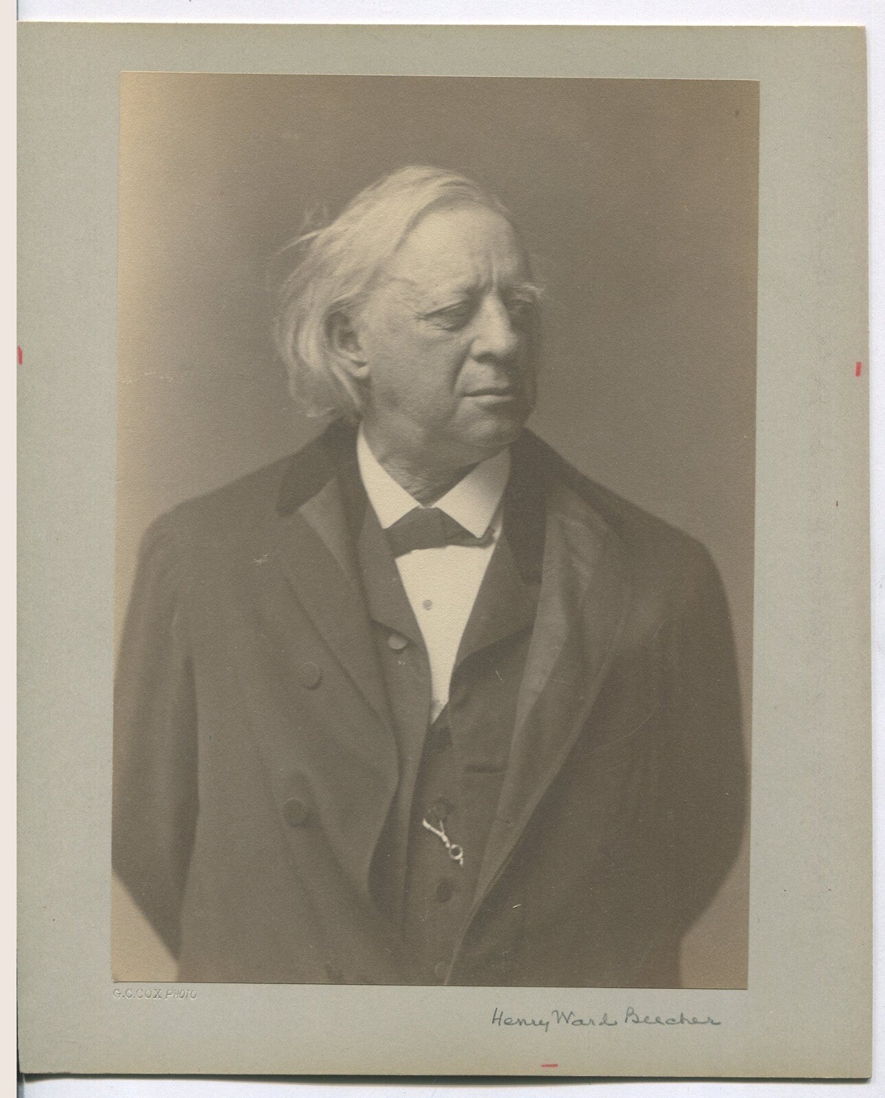 HENRY WARD BEECHER, BY G.C. COX. 8.75X6 SEPIA PLATINUM 10X8.25 CARD. VINTAGE