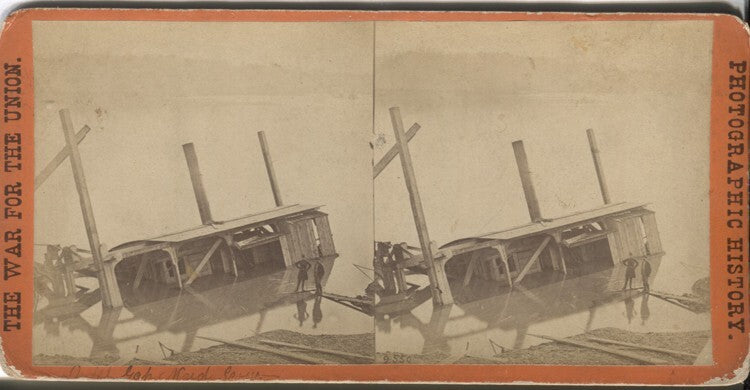 CIVIL WAR STEREOVIEW OF DUTCH GAP MUD SCOW SINKING FROM CONFEDERATE ATTACK