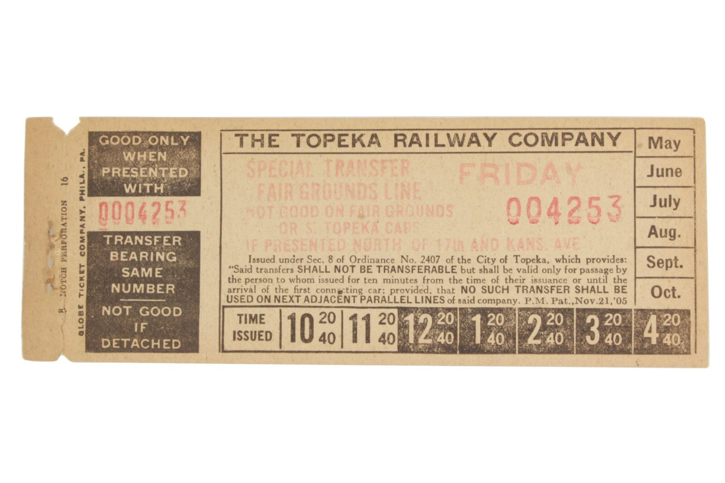 Rare Early 1916 Topeka Railway Co Trolley Transfer Ticket Vinewood Kansas KS