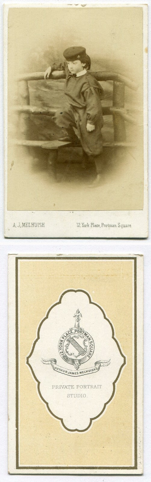 YOUNG BOY IN FANCY OUTFIT/HAT. RUSTIC BACKGROUND. CDV. LONDON, ENGLAND.