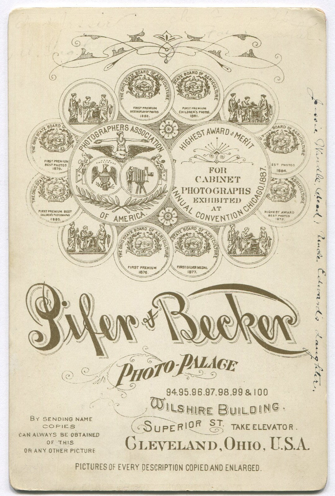 WOMAN, CURLY HAIR, PROFILE POSE. CABINET CARD. CLEVELAND, OHIO.