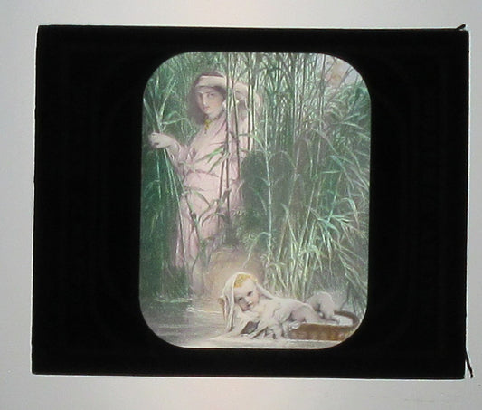 BIBLE SCENE, FINDING MOSES. ARTWORK BY TITIAN. TINTED LANTERN SLIDE.
