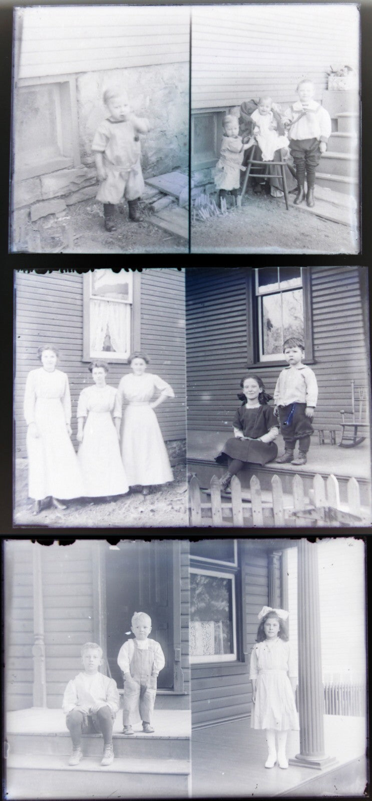 Original Vintage 5x7 Glass Negative Women and Children on Front Porch Photo