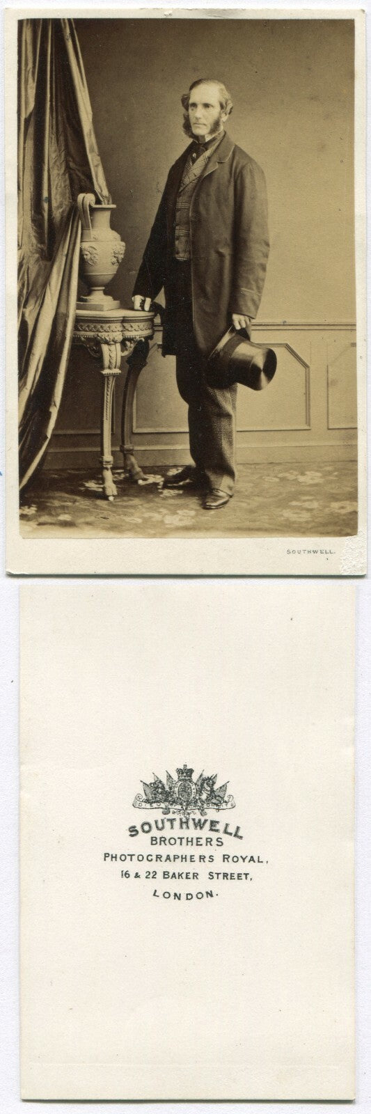 MAN W/MUTTON CHOP FACIAL HAIR, STANDING POSE HOLDING TOP HAT. CDV. LONDON.