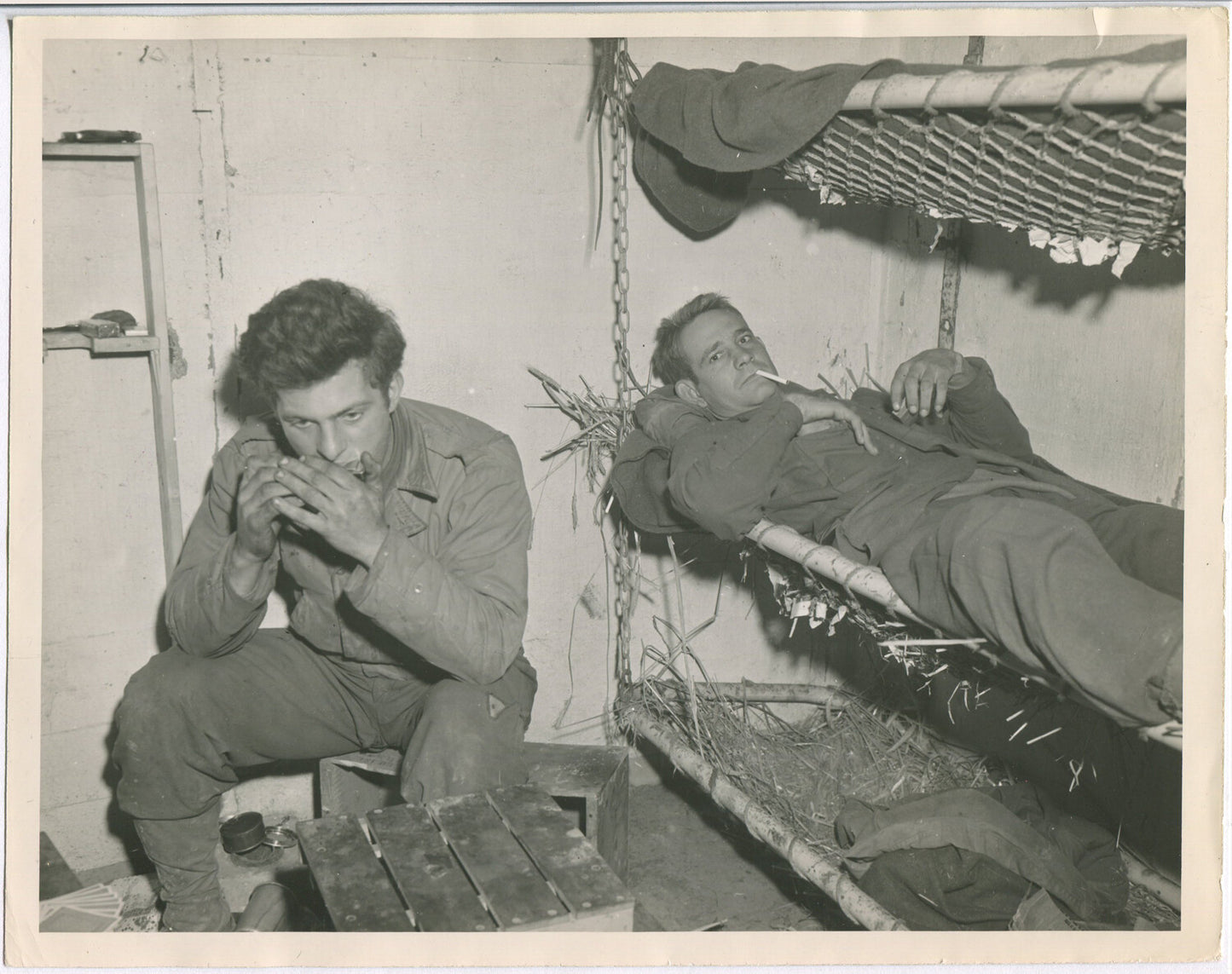 WWII, U.S. SOLDIERS IN BUNKS, PLAYING HARMONICA, SMOKING. 8X10 B&W.