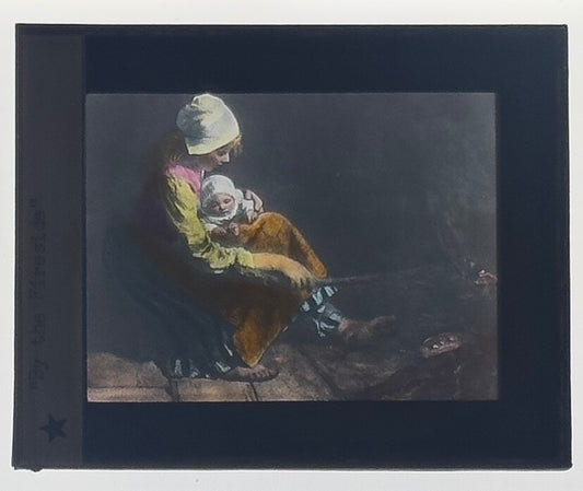 VINTAGE LANTERN SLIDE "By The Fireside" 3.25X4IN