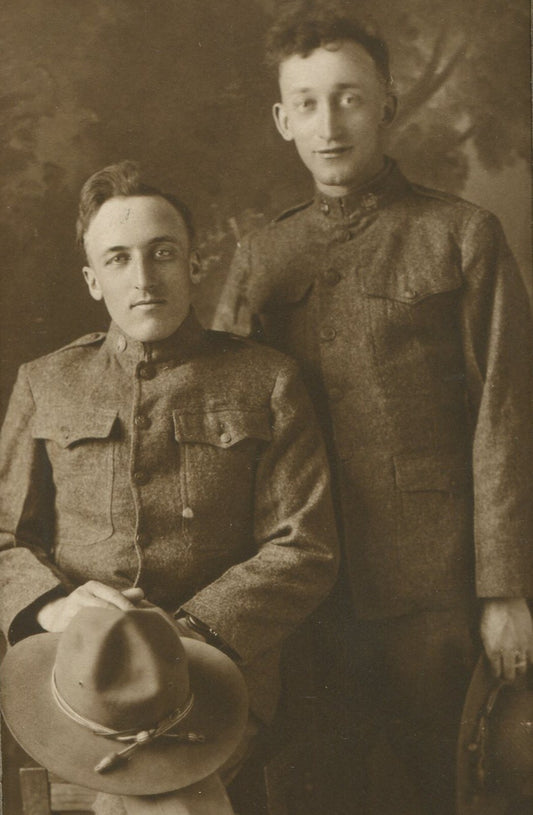 WWI ERA SOLDIERS POSED IN UNIFORM. SEPIA TONED 7.5X4.5 PHOTO.