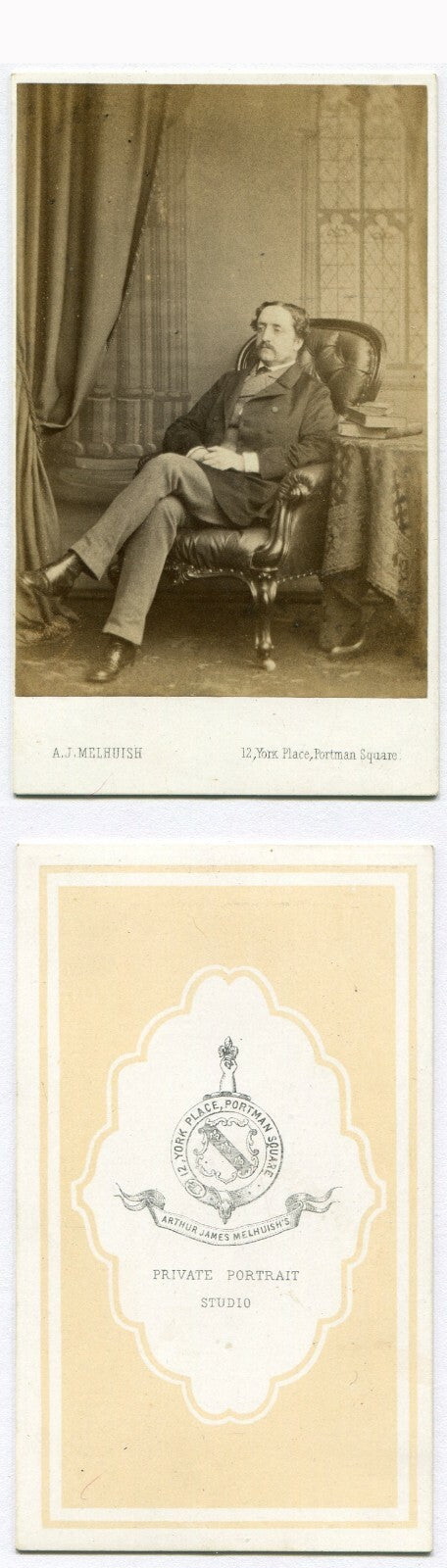 DISTINGUISHED GENTLEMAN SEATED POSE, BOOKS ON TABLE. CDV. LONDON, ENGLAND.