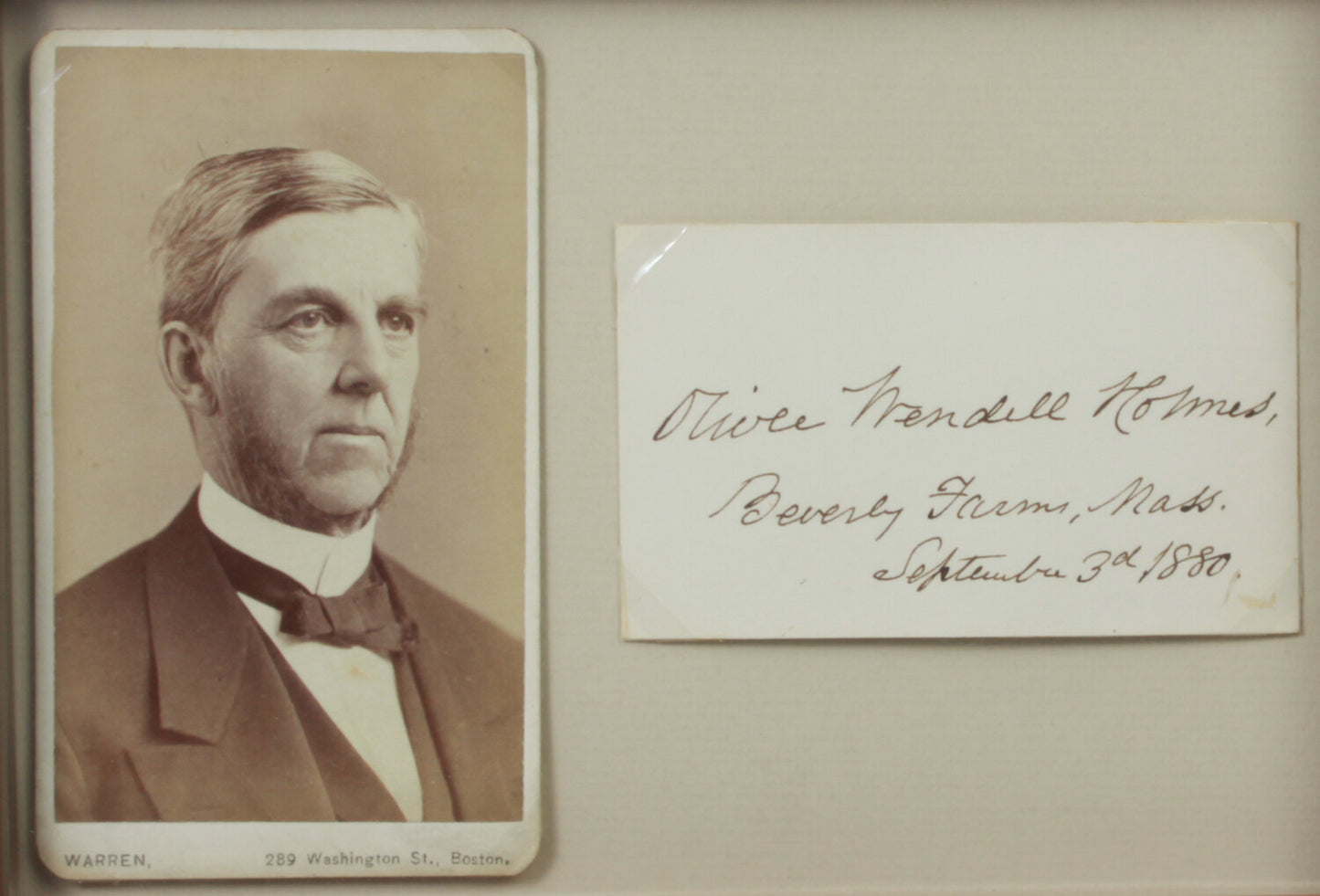 OLIVER WENDELL HOLMES, SCOUS, CDV, SIGNED CARD. 5X7 FRAME.