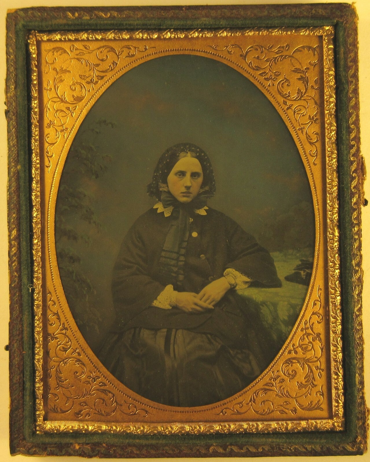 WOMAN IN SCARF. RICHLY TINTED 4TH PLATE AMBROTYPE. HALF CASE.