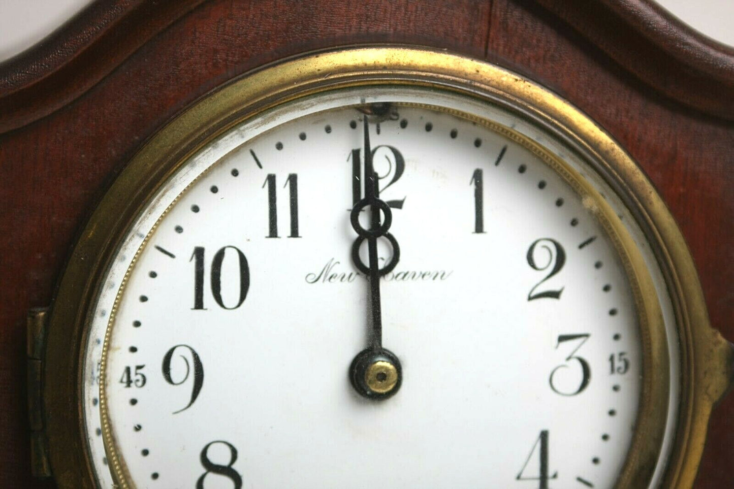 Vintage New Haven Mantel Clock with Porcelain Dial, Mahogany Inlay, Time & Strike