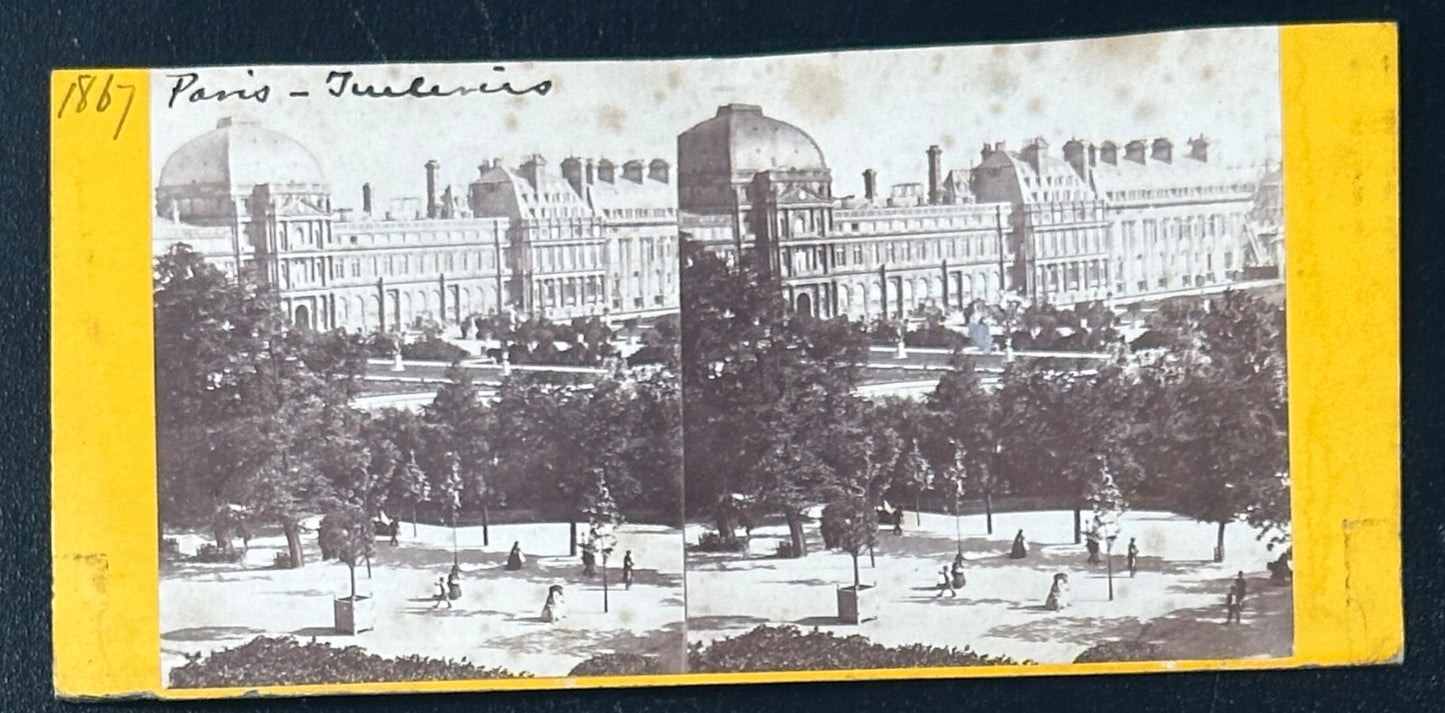 Vintage Stereoview Card:  Les Tuileries, c��t�� de Jardin ���Paris 1867  ��� 3.5x7in