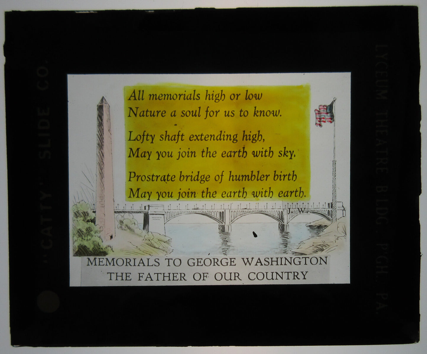 WASHINGTON MEMORIALS, WASHINGTON BRIDGE, PITTSBURGH, PA. TINTED LANTERN SLIDE.