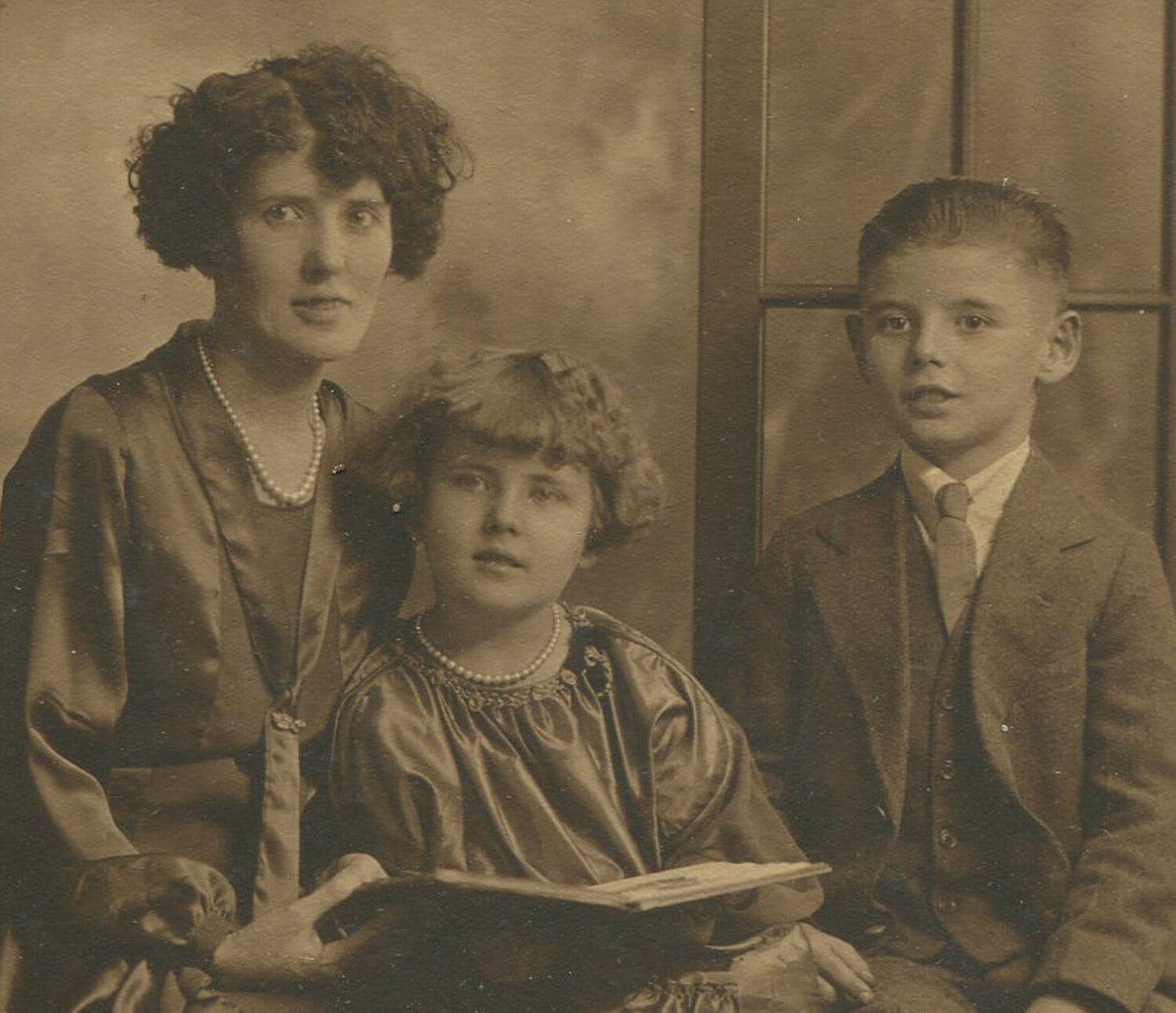 Vintage Original Mother & Son Portrait, Daughter with Open Book - 6x4 in Toned B&W Photo in 7.25x5 Folder