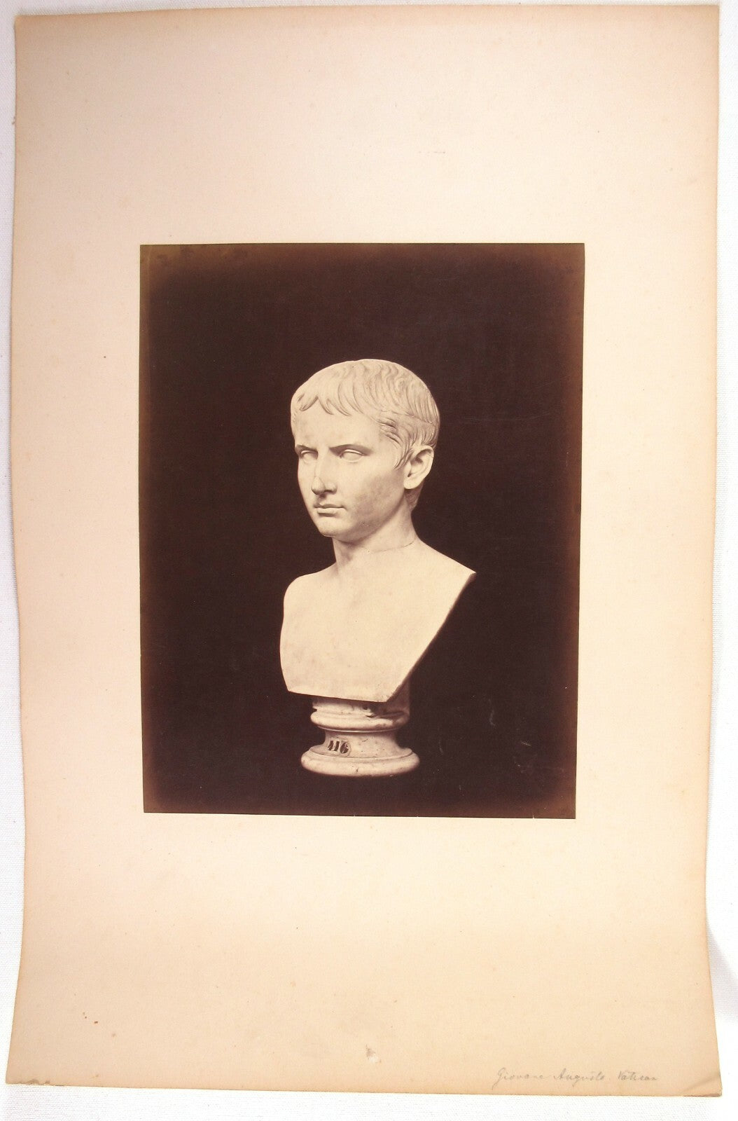 Vintage albumen photo: Roman male head sculpture, Rome, Italy – 10.25x8 image on 19.25x12.5 card, authentic original