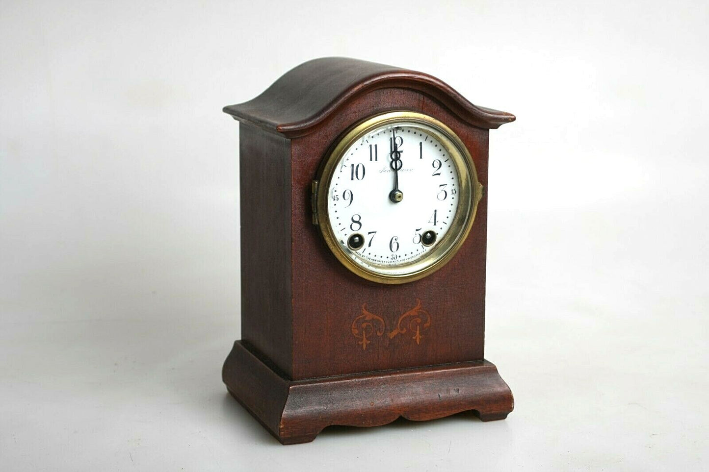 Vintage New Haven Mantel Clock with Porcelain Dial, Mahogany Inlay, Time & Strike