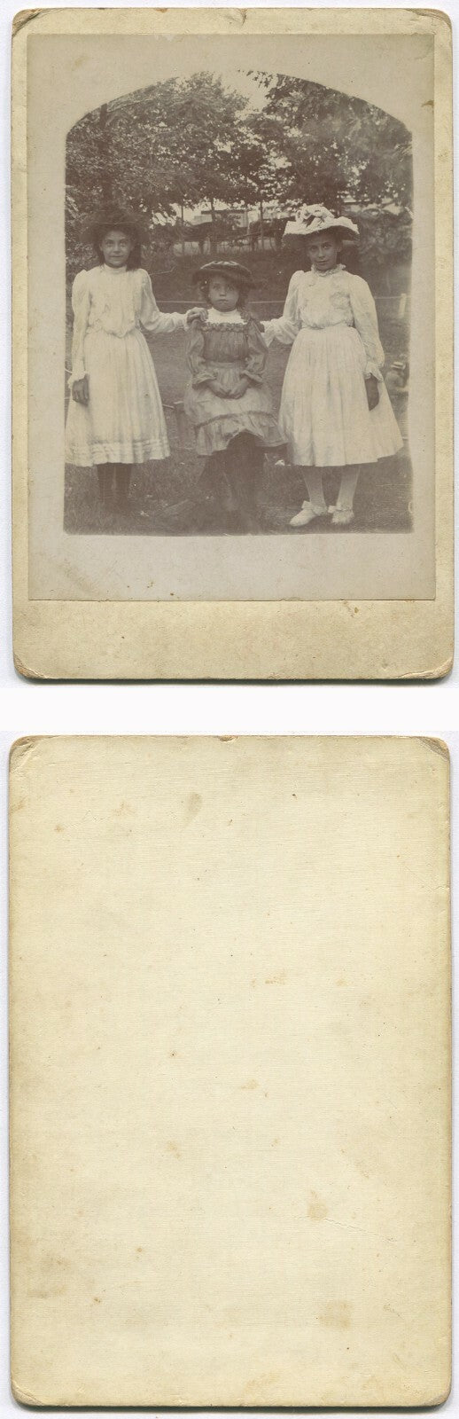 Vintage cabinet card photo: three girls in hats in a park - timeless wall decor & nostalgic portrait