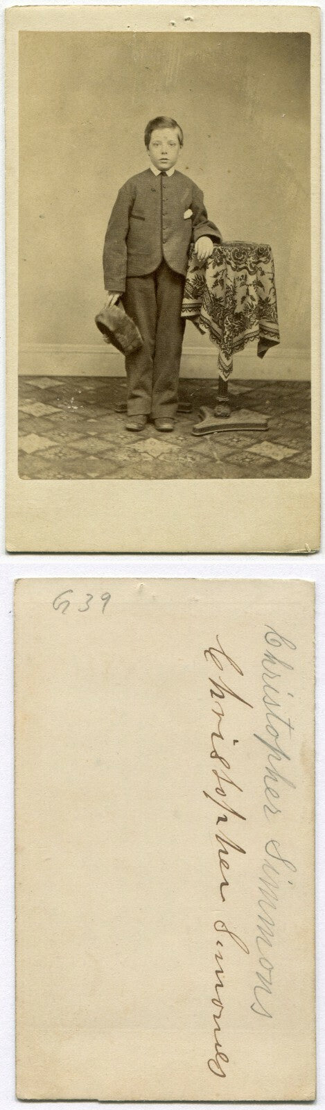 BOY IN LOOSE SUIT, BIG HAT IN HAND. CDV.