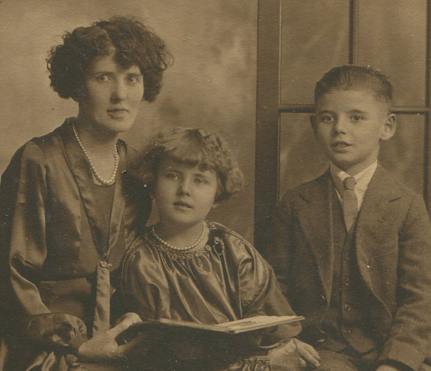 Vintage Original Mother & Son Portrait, Daughter with Open Book - 6x4 in Toned B&W Photo in 7.25x5 Folder