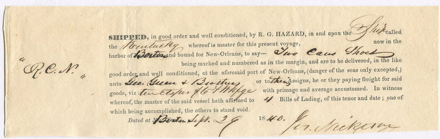BILL OF LADING PURCHASE BY ROWLAND HAZARD, CLOTHING FOR ENSLAVED PEOPLE. 1840.