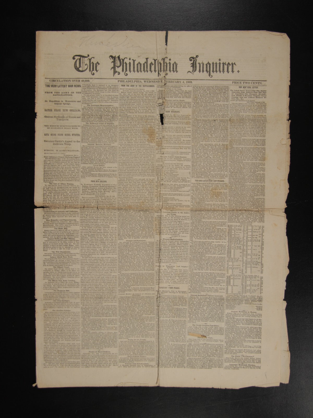 Vintage Philadelphia Inquirer Front Page, Feb 4, 1863 | Civil War Era Newspaper Photo Print, Collectible