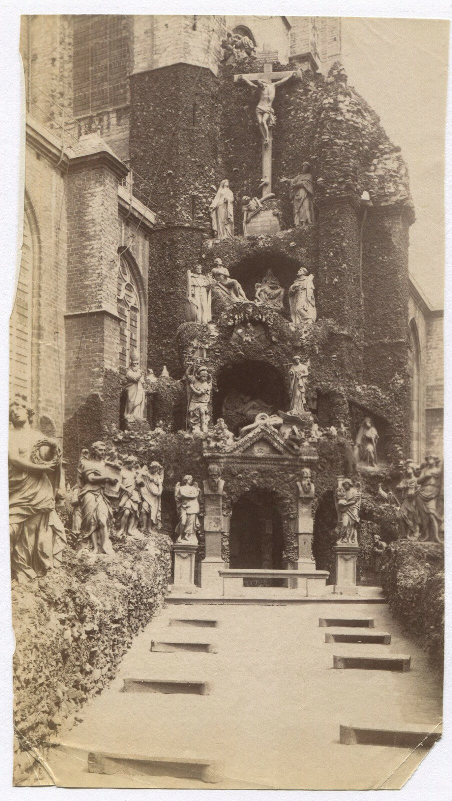 Vintage albumen photograph Church facade with sculpture figures, unmounted 4x7