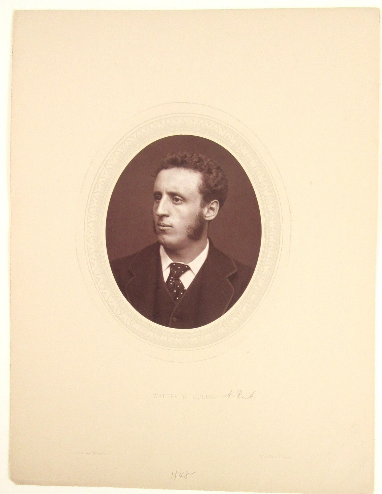 WALTER W. OULESS. 4.5X3.5 OVAL WOODBURYTYPE ON 11.25X8.5 INCH PAGE IN 11X14 MAT.