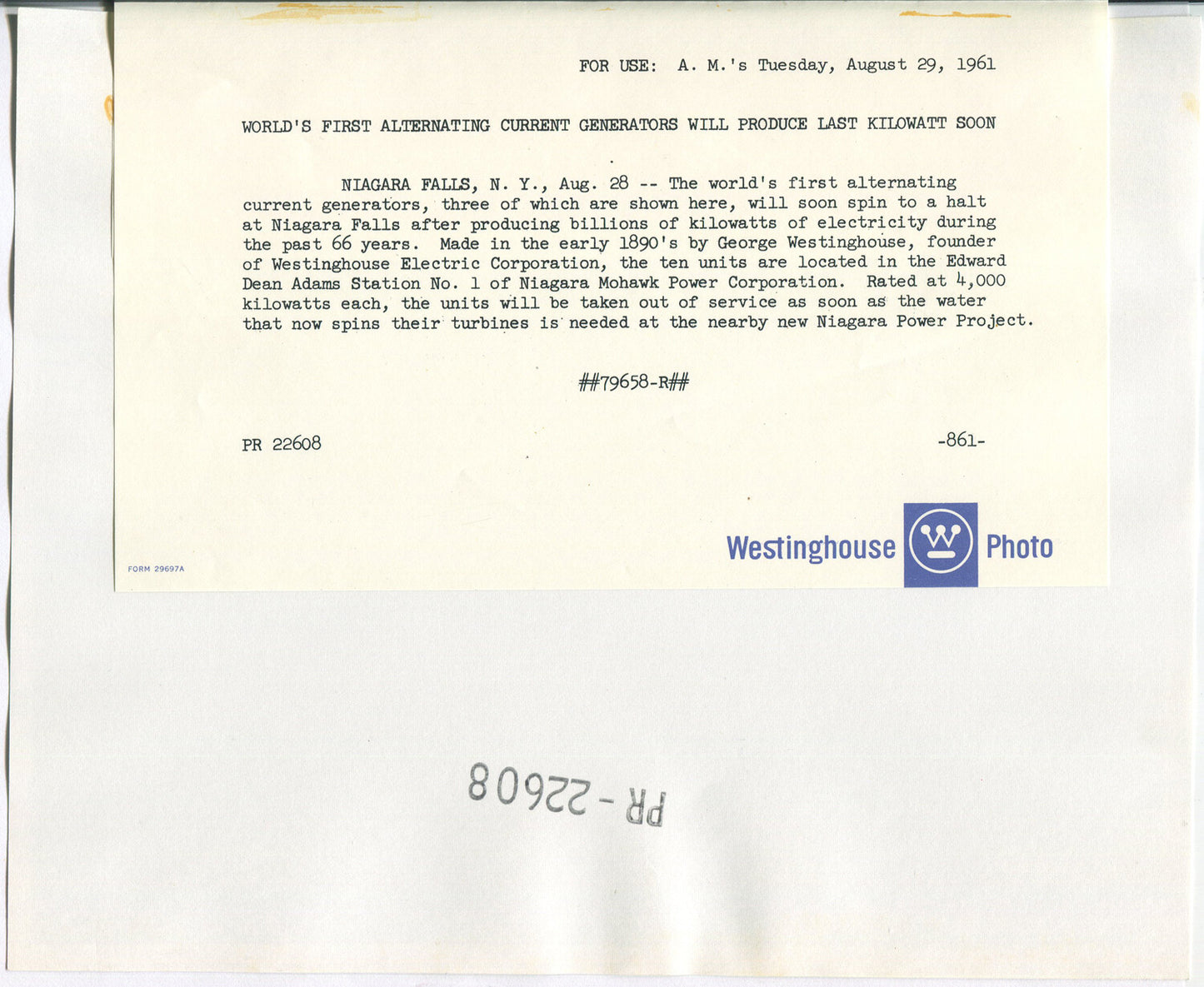 WESTINGHOUSE, FIRST A.C. GENERATORS, NIAGARA FALLS, N.Y. B&W SILVER PRINT 8X10.