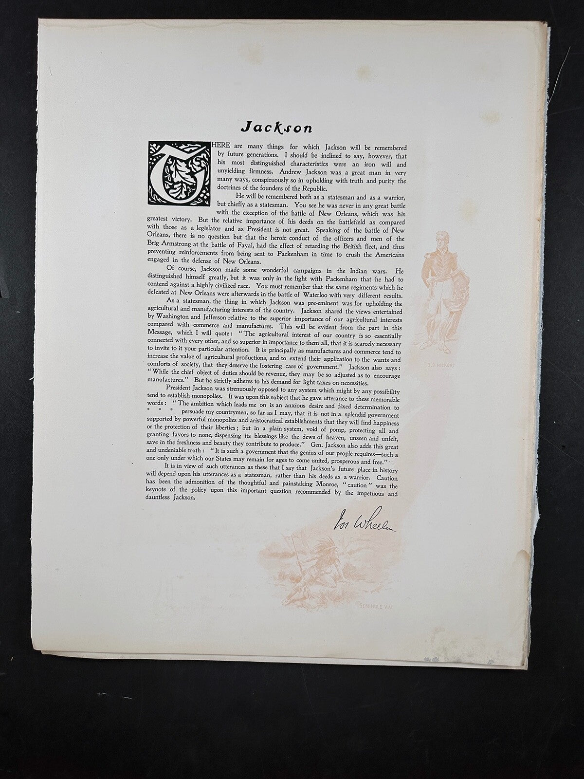 Vintage photogravure of President Andrew Jackson with Wheeler dedication, 3-page set, ready to frame
