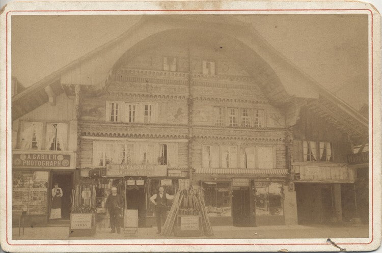 CABINET CARD OF PHOTO STUDIO & STORES IN OLD HOUSE - INTERLAKEN, SWITZERLAND