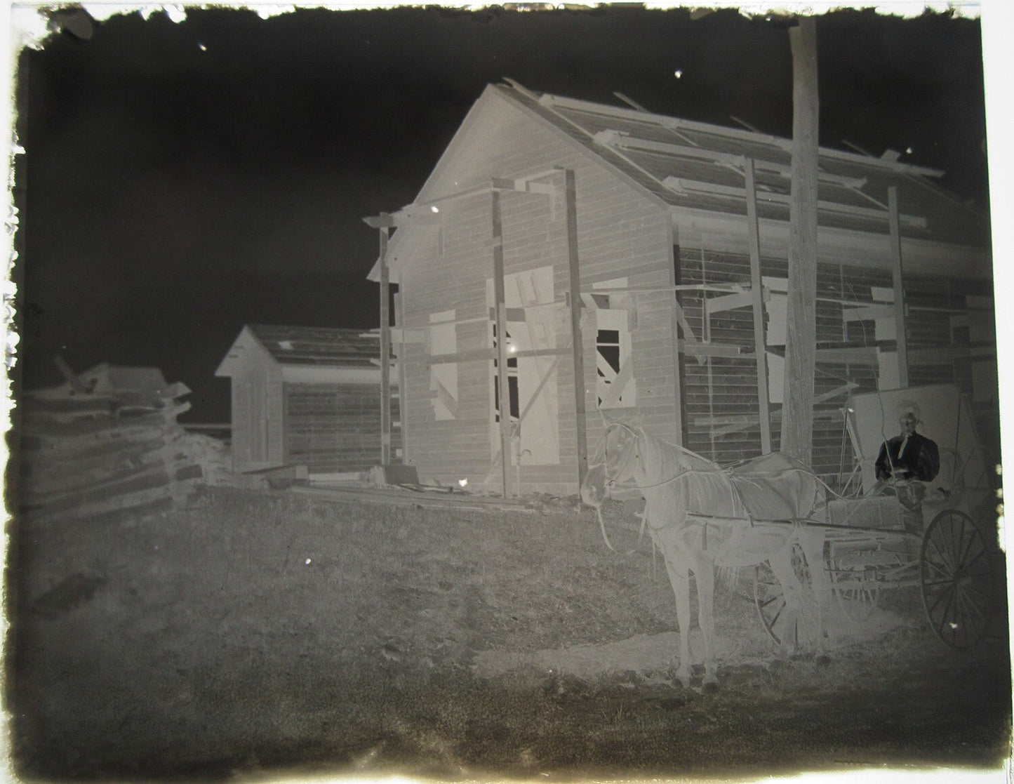 Vintage Glass Plate Negative 5x4 Photo, Woman in Horse-Drawn Buggy by House
