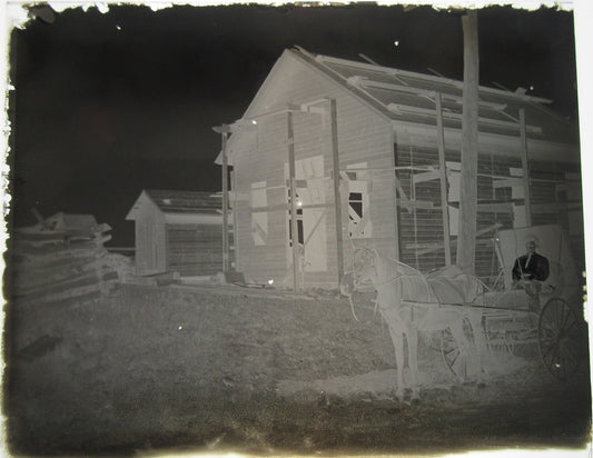 Vintage Glass Plate Negative 5x4 Photo, Woman in Horse-Drawn Buggy by House