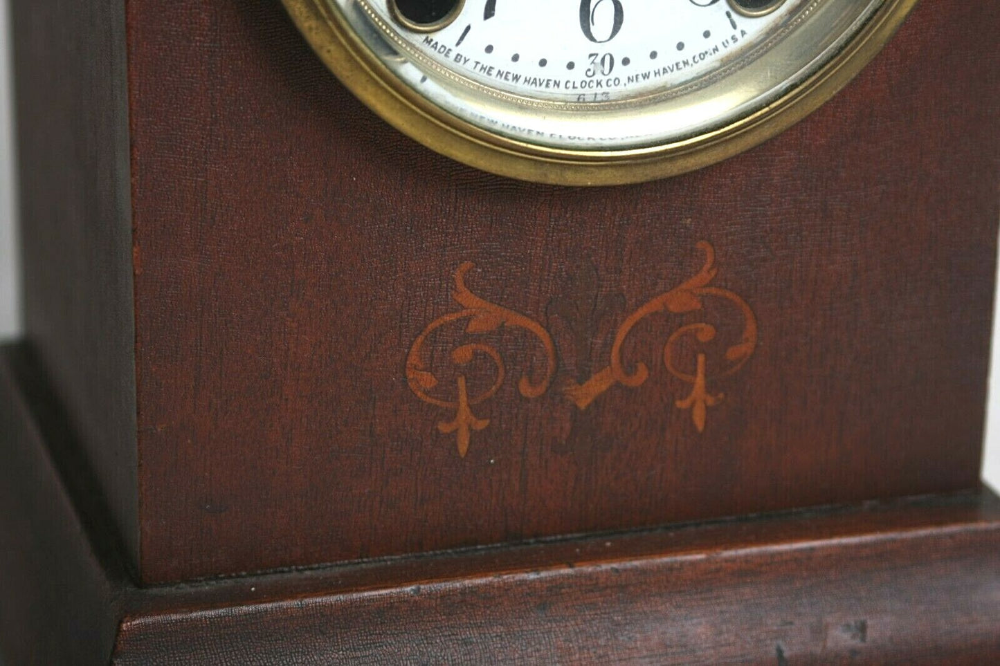 Vintage New Haven Mantel Clock with Porcelain Dial, Mahogany Inlay, Time & Strike