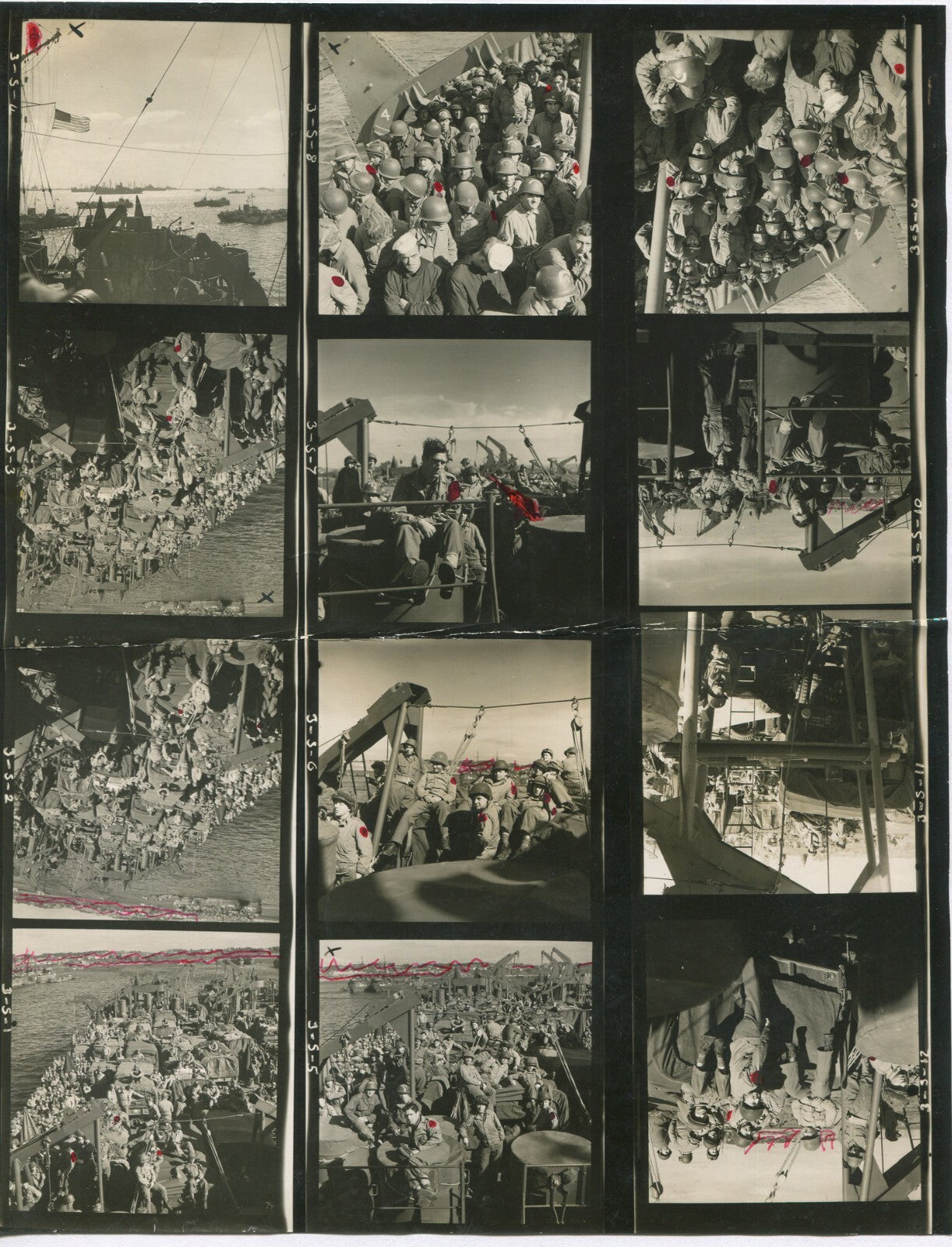 U.S. SERVICEMEN / EQUIPMENT ON SHIPS. CONTACT SHEET, 12 UP. WWII (8X10 REPRINT)