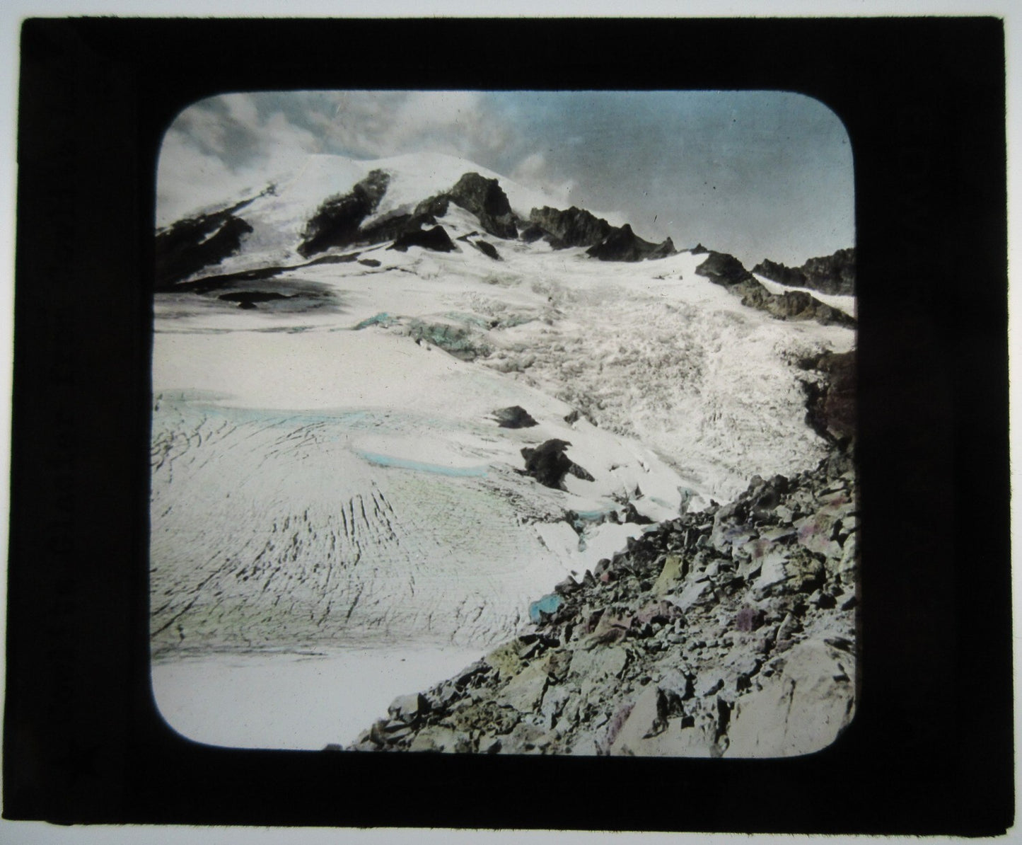 COWLITZ GLACIER. PHOTO ON GLASS, LANTERN SLIDE.