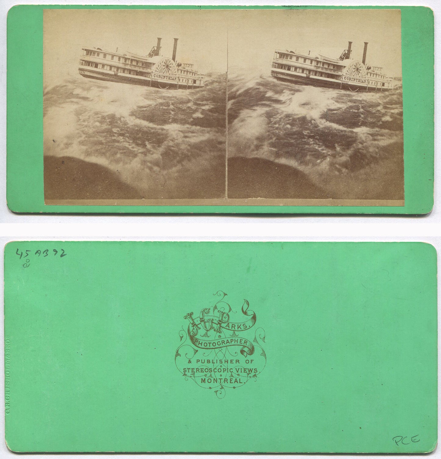 STEAMBOAT ON ROUGH SEA. EARLY DARKROOM MAGIC. STEREOVIEW.
