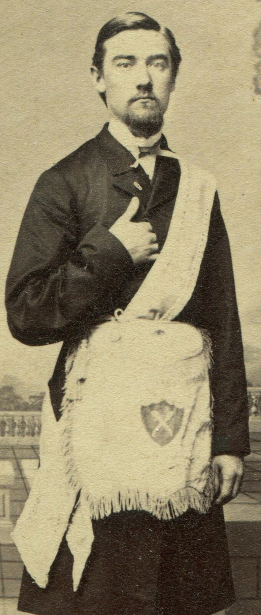 MAN, NAPOLEON POSE, SACK W/CROSSED SWORDS EMBLEM. CDV, PAINTED BACKGROUND.